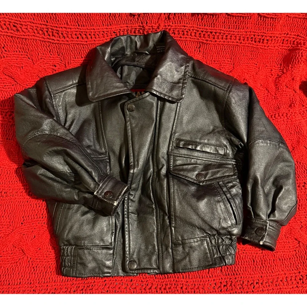 Phase 2 Kids Black Genuine Leather Bomber Jacket Vintage 1980's